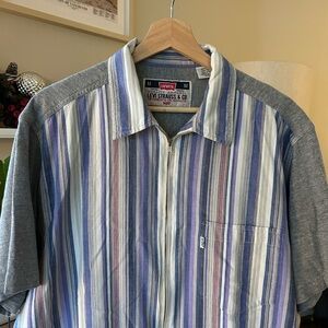 Levi's Vintage Men's Striped Full Zip Blue and Gray Short Sleeve Shirt